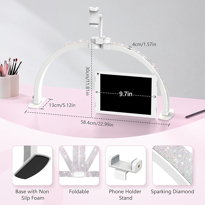 Yokilly Half Moon Light for Nail Desk: 23" Foldable Half Moon Desk Lamp with Phone Holder for Beginner - Arch Nail Tech Light with 3 Color Modes & 10 Brightness for Manicure Salon (Diamond, Small)