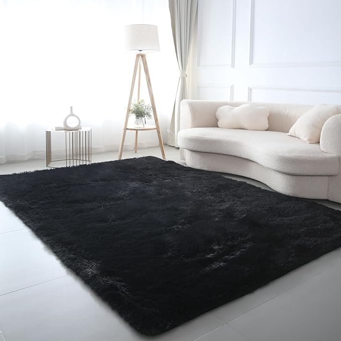 CAIYUECS Shag Area Rug,Indoor Ultra Soft Plush Rugs for Bedroom Living Room, Non-Skid Modern Nursery Faux Fur Rugs for Kids Room Home Decor (3x5 Feet, Black)