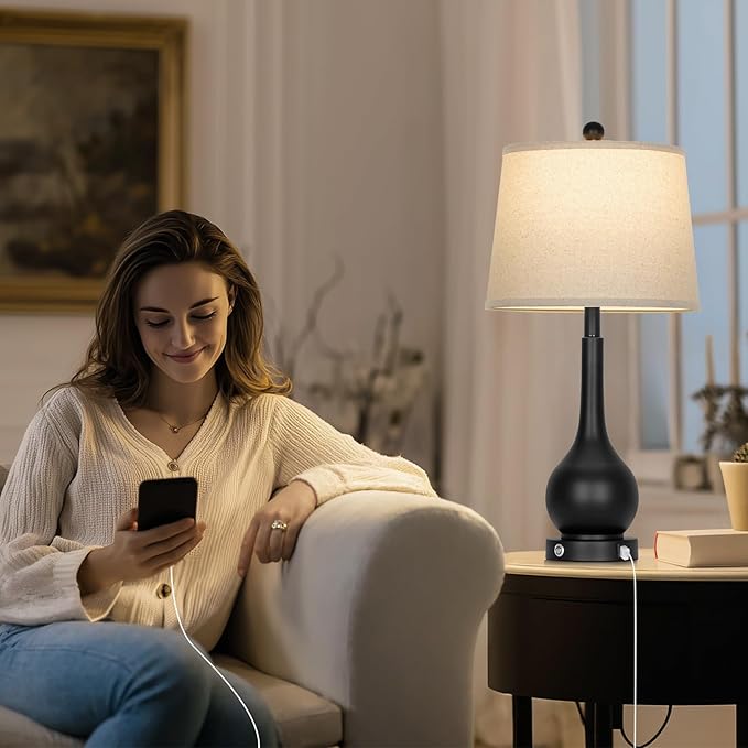 26" Black Table Lamps Set of 2 for Living Room, Touch Control Bedside Lamp for Bedroom, 3-Way Dimmable Nightstand Lamp with USB A+C Port (2 LED Bulbs Included)