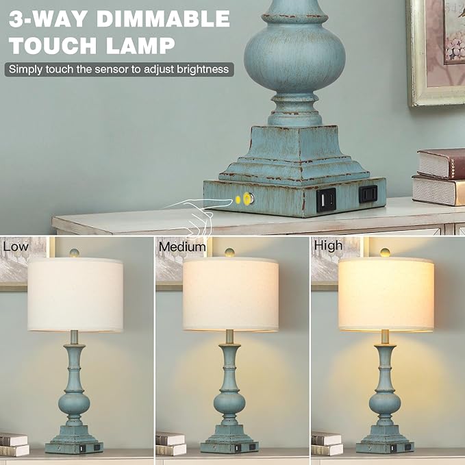 Farmhouse Table Lamps Set of 2, 26" Vintage Rustic Touch Control 3-Way Dimmable Bedside Lamp with USB A+C Ports & AC Outlet, Blue Nightstand Lamp for Living Room Bedroom End Table(LED Bulbs Included)