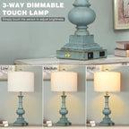 Farmhouse Table Lamps Set of 2, 26" Vintage Rustic Touch Control 3-Way Dimmable Bedside Lamp with USB A+C Ports & AC Outlet, Blue Nightstand Lamp for Living Room Bedroom End Table(LED Bulbs Included)