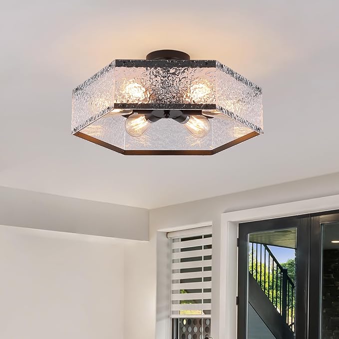 6-Light Large Modern Black Flush Mount Ceiling Light Fixture 20 inch Water Ripple and Metal Hexagon Cage Semi Flush Mount Ceiling Light for Hallway Entry Bedroom Living Room Farmhouse, Black