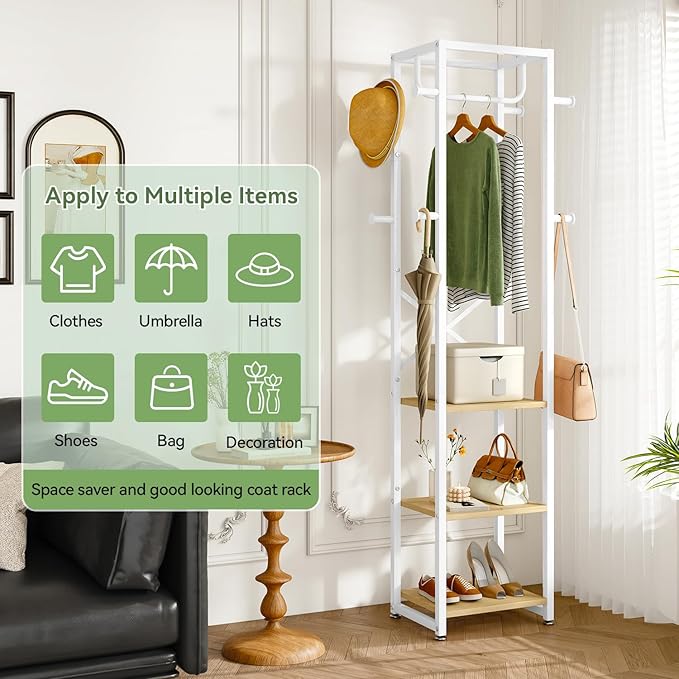 IBUYKE Coat Rack with Shelves, Freestanding Hall Tree with 3 Shelves and 8 Hooks, Industrial Clothes Stand for Entryway, Hallway, Bedroom, Natural UTMJ088R