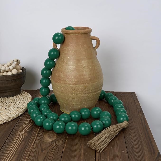 OMISHE 76" Long Extra Large Wood Bead Garland with 1.6" Diameter Wooden Beads and Tassels, Rustic Farmhouse Country Decorative Beads for Home Decor Tiered Tray Decor, Green