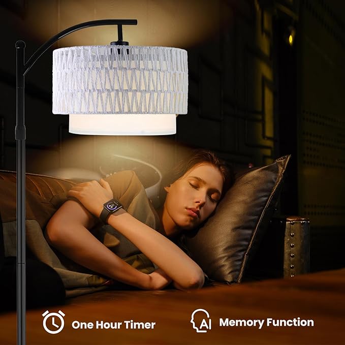 Arc Floor Lamp for Living Room,Farmhouse Floor Lamps with Remote Control & Dimmable Bulb,White Rattan Boho Tall Standing Lamp for Bedroom Office