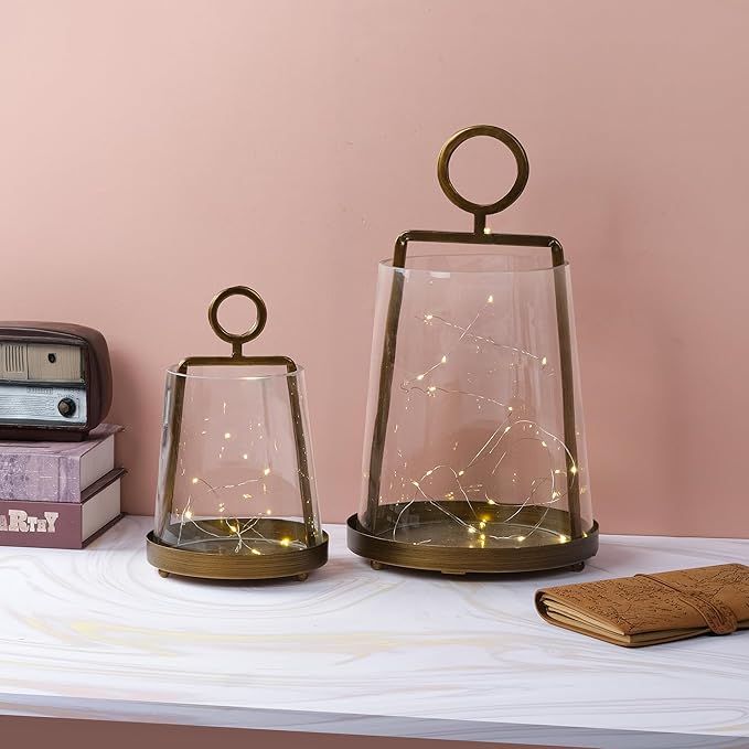 6" Wide Modern Farmhouse Metal Hurricane Candle Holder with Handmade Sturdy Glass Sleeve in Antique Brass for Pillar Candle & Plants, Hurricane Lantern, Industrial, Minimalistic (1, Brass, 6"x10")