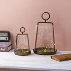 9" Wide Modern Farmhouse Metal Hurricane Candle Holder with Handmade Sturdy Glass Sleeve in Antique Brass for Pillar Candle & Plants, Hurricane Lantern, Industrial, Minimalistic (1, Brass, 9"x14")