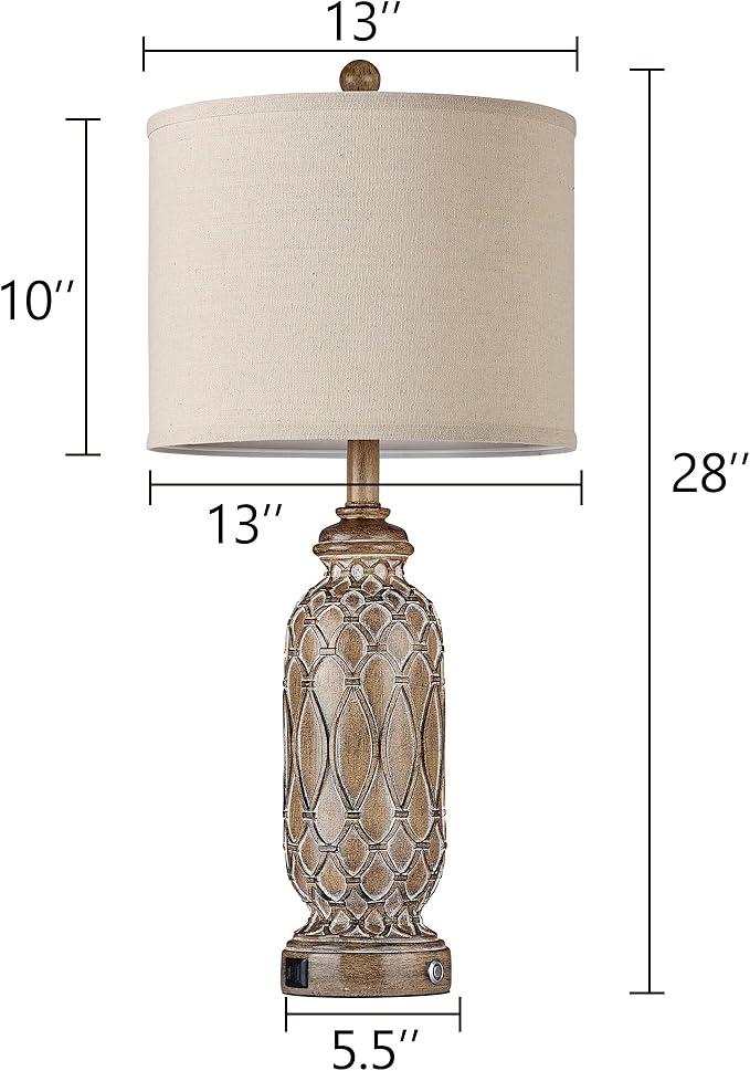 Farmhouse Lamps for Living Room Set of 2, 28" Table Lamps for Bedroom with USB Ports, 3-Way Dimmable Nightstand Table Lamp (Bulbs Included)