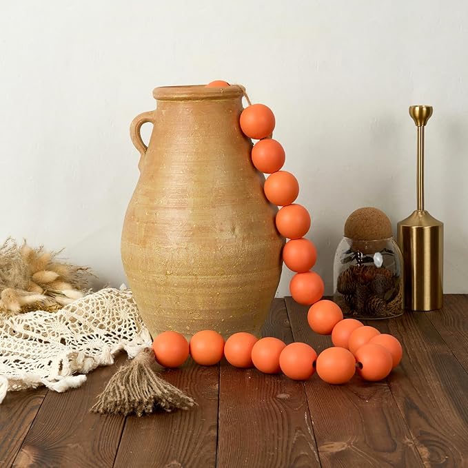 OMISHE Extra Large Wood Bead Garland Orange with 1.6" Diameter Wooden Beads and Tassels, 41" Long Rustic Farmhouse Country Decorative Beads for Home Tiered Tray Decor, Orange