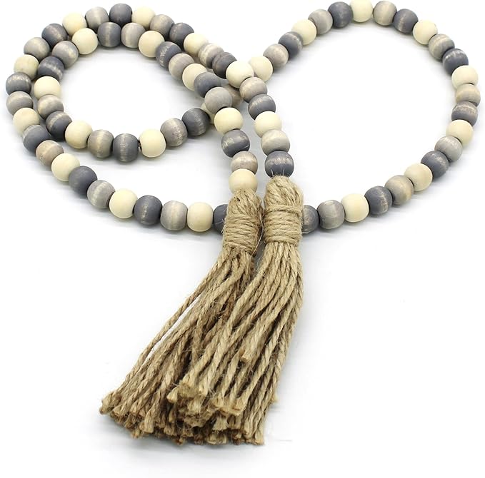 CVHOMEDECO. Wood Beads Garland with Tassels Farmhouse Rustic Wooden Prayer Bead String Wall Hanging Accent for Home Festival Decor. Grey Mix Distressed