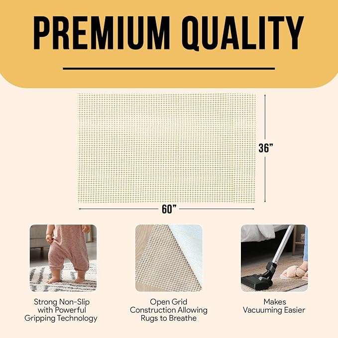 Non Slip Area Rug Gripper 3x5 Feet, Rug Gripper for Hardwood Floors, Laminate, Vinyl, Stone & Tile, Anti Slip Area Rug Pad for Under Rugs
