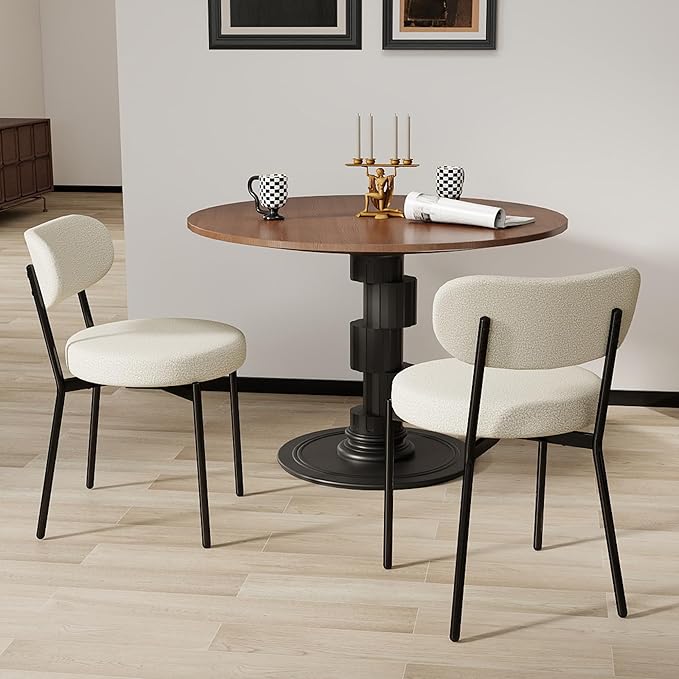 Dining Chairs Set of 2 pcs, Boucle Comfortable Upholstered Seat Fabric with Curved Backrest, Mid Century Modern Contemporary Scandinavian Designer Chairs Ideal for Dining Room, Kitchen, White