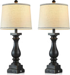 28" Tall Farmhouse Table Lamps with USB C+A Ports and AC Outlet, 3 Way Touch Control Rustic Bedside Lamps for Bedroom, Black Vintage Nightstand Lamps for Living Room Office