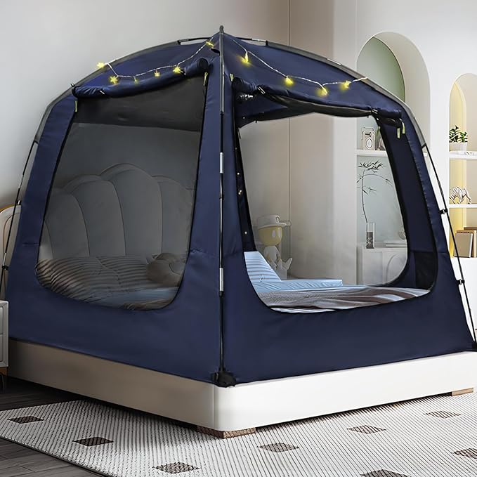 Bed Tent Bed Canopy Breathable 100% for Adult and Kids Light Reduction Sleeping Dream Tents Indoor Portable Big Space with String Light 4 Doors Twin Full Queen King Size