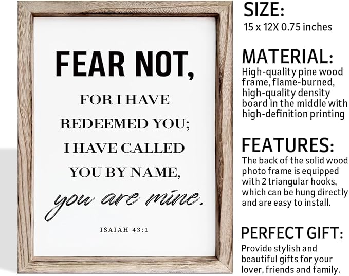 Christian Wooden Wall Sign, Bible Verse Hanging Decor, Master Bedroom Decors, Religious Home Decor, Framed Wall Plaque Sign 15 * 11.5 inches, Christian Gift, Fear Not, for I Have Redeemed You