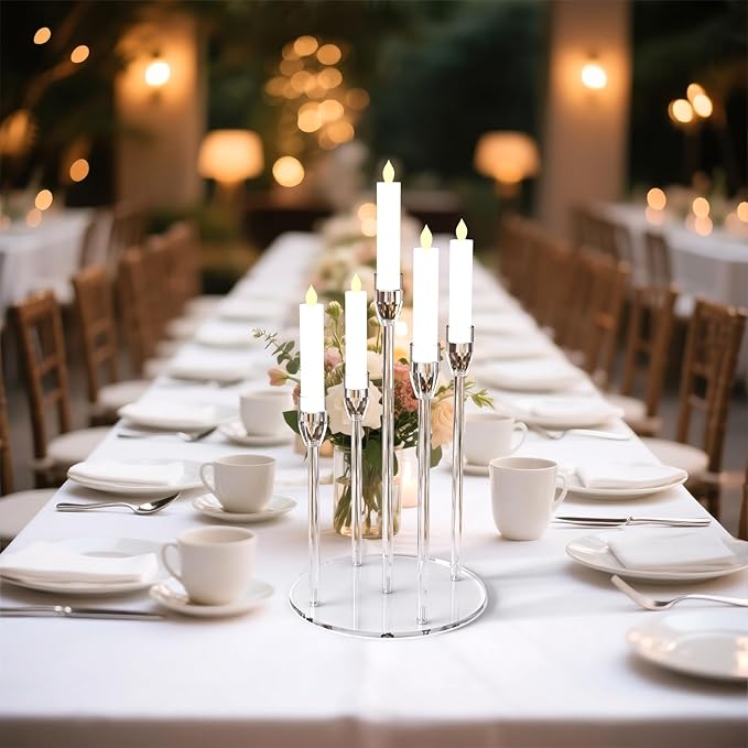 5 Arm Acrylic Candle Holder Stand Elegant Crystal-Clear 3 Tier Stems for Flameless LED Candles Modern Spiral Twist Design, Sturdy 7.09" Round Base Perfect for Weddings & Home Decor (2, Candelabra)