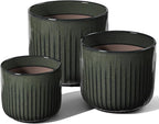 LE TAUCI Fluted Ceramic Planters Set of 3 – 8.3/7 / 5.7 in Dark Olive Reactive Cylinder Indoor Plant Pots with Drainage Plug & Mesh, Glossy Stoneware Flower Pots for Succulents Herbs