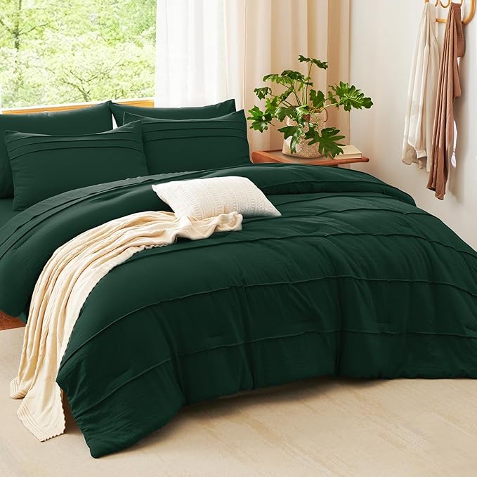 CozyLux Queen Comforter Set Emerald Green, 7 Pieces Soft Pinch Pleat Bed in a Bag Queen Comforter Set with Sheets, Boho Bed Set with Down Alternative Comforter, Sheets, Pillowcases & Shams