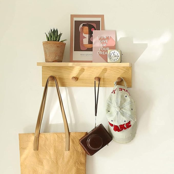 Entrance Coat Rack ，Coat Hooks, Wall-Mounted Wooden Hook Rack, Wall-Mounted Shelves are Very Suitable (Oak Colored Finish-2)