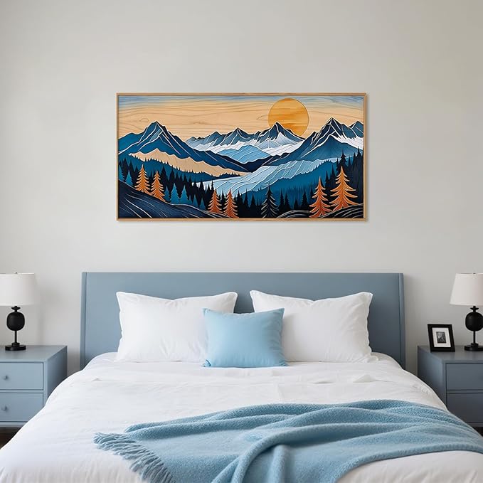 Blue Woodcut Mountain Framed Canvas Wall Art Set, Boho Abstract Ridge Wall Decor, Pine Tree Landscape Wall Painting, Sunrise Forest Art Print for Living Room, Bedroom, Office - 20"X40"