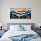 Blue Woodcut Mountain Framed Canvas Wall Art Set, Boho Abstract Ridge Wall Decor, Pine Tree Landscape Wall Painting, Sunrise Forest Art Print for Living Room, Bedroom, Office - 20"X40"