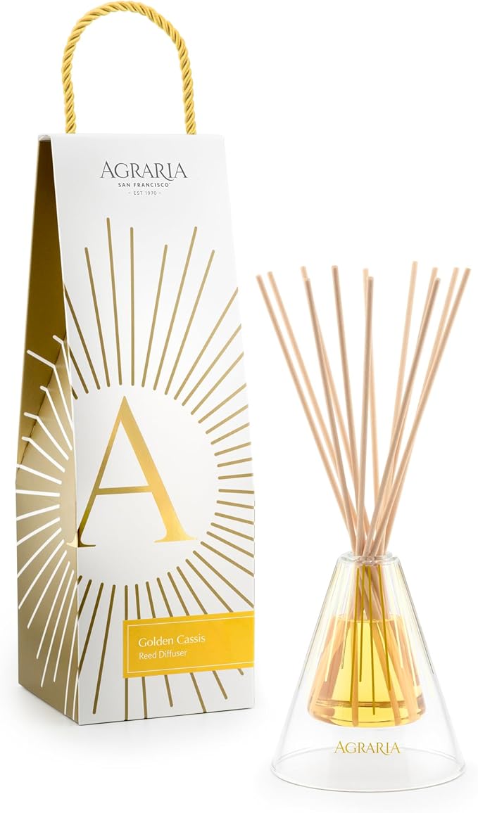 Agraria Golden Cassis Reed Diffuser Set, 12 Reeds Essential Oil Freshener Sticks, Room Diffusers for Home Fragrance, Scented Reed Oil Diffuser Gift