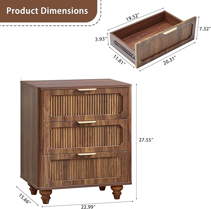 Fluted Nightstand Set 2 22.9'' Wood Nightstands with Drawers Bedside Table Set of 2 Mid Century Drawer Dresser for Bedroom Living Room Walnut