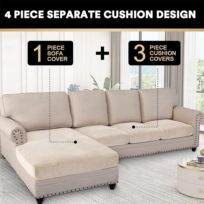 PrinceDeco Sectional Couch Covers 4 Pieces Couch Covers for Sofa Velvet Separate Couch Cover L Shape for Left/Right Chaise(3 Seater + 1 Chaise,Ivory)