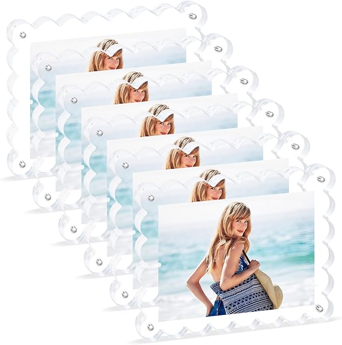 6Pack Acrylic Magnetic Photo Frame 5x7 Inch - Sleek Scalloped Design, 10+10mm Thick Crystal Clear Block, Freestanding Double-Sided Magnet |Trendy Home Gift (6 Pack, 5X7)