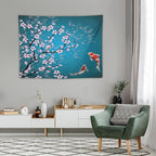 Japanese Koi Fish Tapestry, Cherry Blossoms Asian Oriental Green Teal Flower Branch Koi Fish Carp Tapestries Wall Hanging for Bedroom Living Room Office Decor 40"x30"