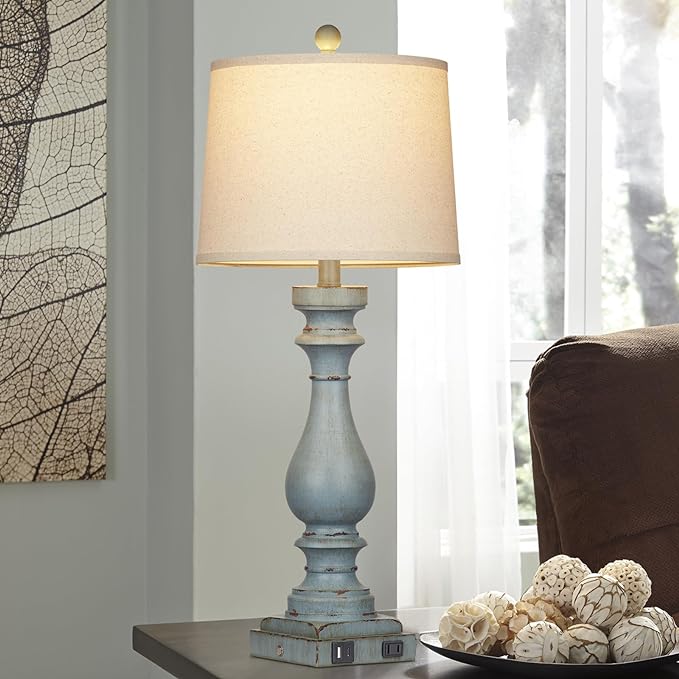 29" Tall Table Lamp for Living Room Set of 2,Coastal Bedside Nightstand Lamps with USB C+A Ports & AC Outlet,3-Way Dimmable Touch Control Retro Blue Desk Lamp for Bedroom,Color 3