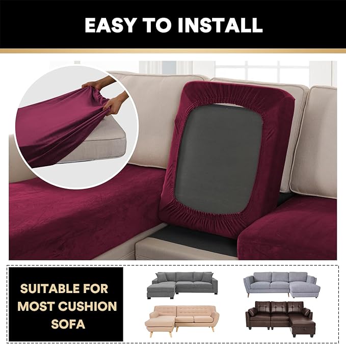 PrinceDeco Sectional Couch Covers 3 Pieces Velvet Sofa Covers L Shape Soft Couch Covers for Sectional Sofa Corner Sofa Cover Couch Cover for Dogs Washable (2 Seater + 1 Chaise,Burgundy)