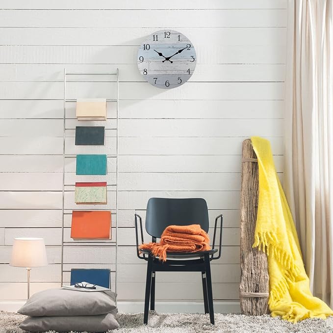 Plumeet Extra Large Wall Clock, 16'' Frameless Wooden Wall Clocks with Silent Quartz Movement, Rustic Coastal Country Village Clocks Decorative for Kitchen Bedroom Living Room