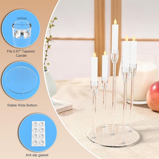 5 Arm Acrylic Candle Holder Stand Elegant Crystal-Clear 3 Tier Stems for Flameless LED Candles Modern Spiral Twist Design, Sturdy 7.09" Round Base Perfect for Weddings & Home Decor (2, Candelabra)