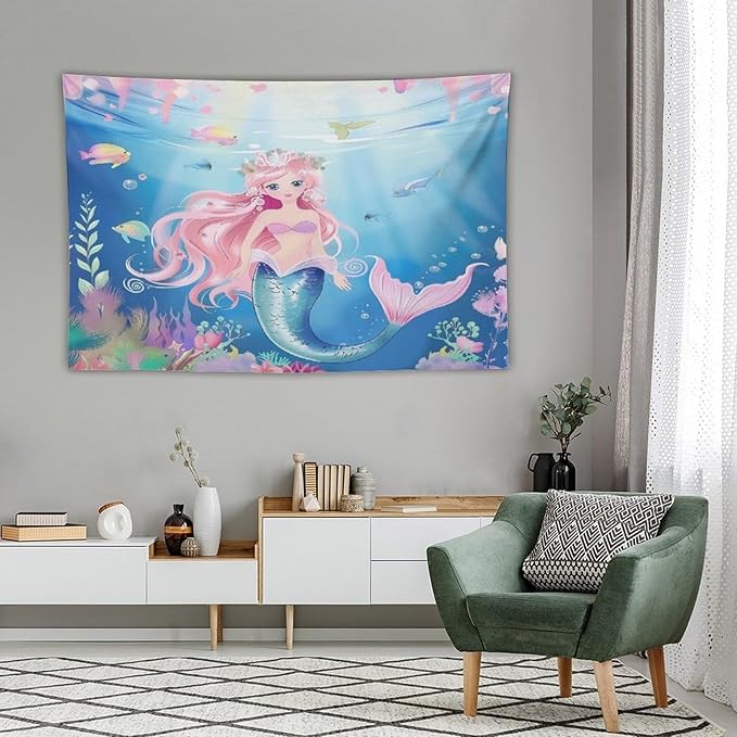 HZOHNAGO Mermaid Girls Tapestry Watercolor Mermaid Princess Pattern Printed Wall Tapestry Wall Hanging for Bedroom Living Room Dorm 60" W x 40" H
