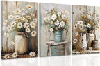 DUWQU 3 PCS Elegant Farmhouse Canvas Wall Art, Vintage Floral Pictures Art Wall Decor, Nature Themed Daisy Art Prints for Living Room Bedroom Kitchen and Office Ready to Hang 16×24 Inches