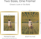 Homeforia 8.5 by 11 Picture Frame Gold, High End Metal 8.5x11 Poster Frames with Mat 6x8 Photo, 8.5 x 11 Frame Matted to 6 x 8 Print, 8.5by11 Wall or Tabletop Frame, Tempered Glass, Wall Kit, Set of 1