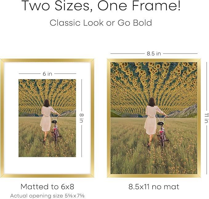 Homeforia 8.5 by 11 Picture Frame Gold, High End Metal 8.5x11 Poster Frames with Mat 6x8 Photo, 8.5 x 11 Frame Matted to 6 x 8 Print, 8.5by11 Wall or Tabletop Frame, Tempered Glass, Wall Kit, Set of 1