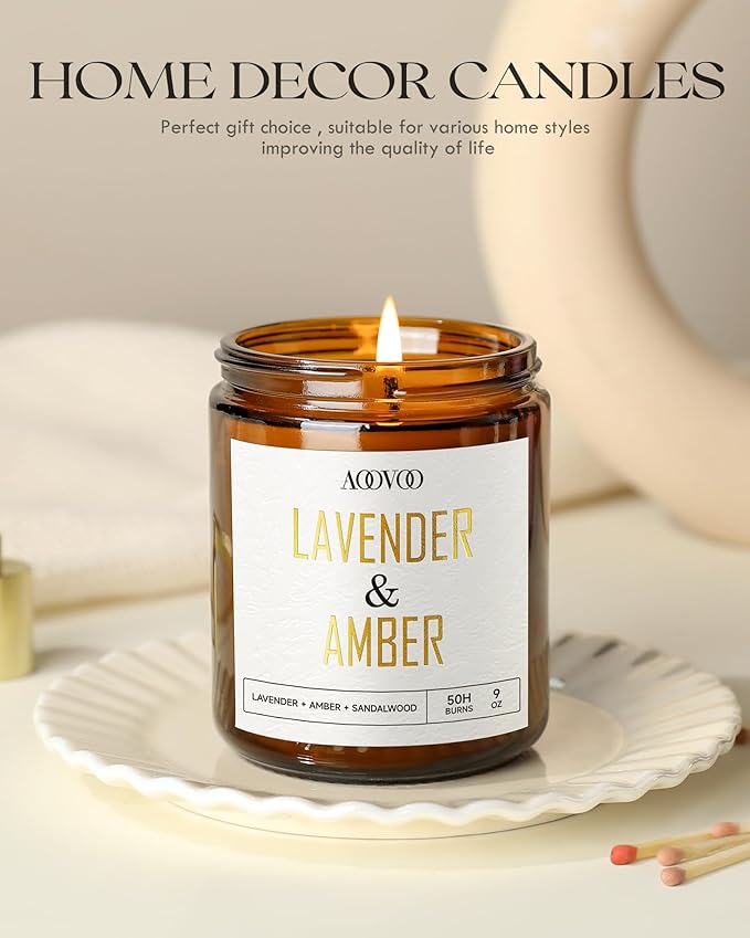 AOOVOO Lavender Amber Candles - 9 oz Scented Candles, Aromatherapy Candle, Soy Candle for Home Scented