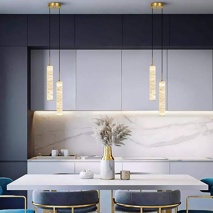 LMQNINE Natural Alabaster Pendant Lights for Kitchen Island White Marble Long Tube Chandelier Modern Gold Ceiling Light Fixtures for Bedroom Dining Room Table Living Room Hallway(M-2Light)