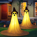 2 Packs Halloween Ghost Outdoor Decorations, 59” Light Up Ghost Decor with Remote Control, Adjustable Height Standing Halloween Lighted Ghost Kit with Witch Hat Ideal for Porch, Garden, Yard