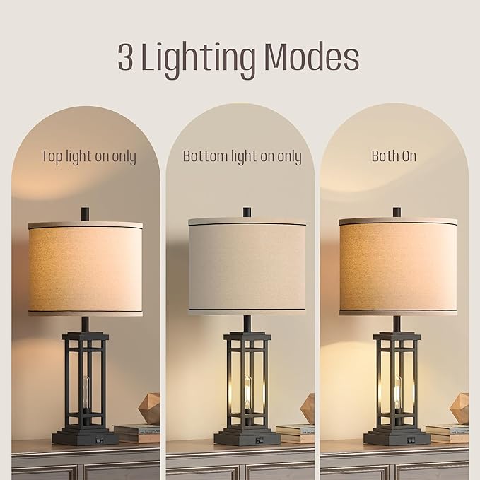 ROTTOGOON 27.5 Tall Farmhouse Table Lamps with USB C + USB A Charge Ports, Rustic Living Room Lamps Set of 2, Black Industrial End Table Lamp for Bedroom Living Room Nightstand (Black)