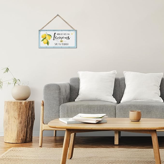 When Life Gives You Lemons Add Salt & Tequila Wooden Hanging Sign Plaque, Lemon Wall Decor Sign With Inspirational Quotes, Rustic Wood Sign Wall Art for Home Living Dining Room Farmhouse Kitchen - A26