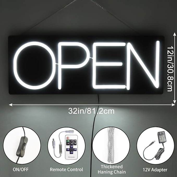 32 Inch White Minimalist LED Neon Open Sign for Business Storefront Window Glass Door Retail Shop Store Bar Salon Restaurant (12V/2A)