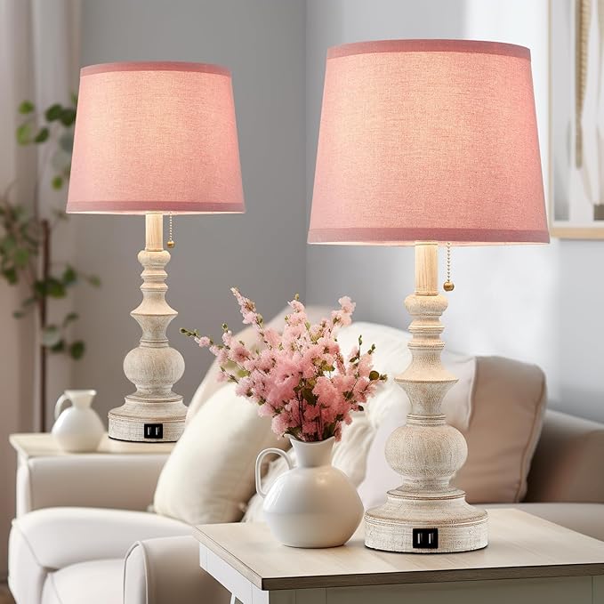 22'' Bedside Table Lamps Set of 2 Modern Farmhouse Nightstand Lamps for Bedroom with USB Charging Ports Vintage Boho Table Lamps for Girls Kids Living Room,Pink Shade,Bulbs Not Included