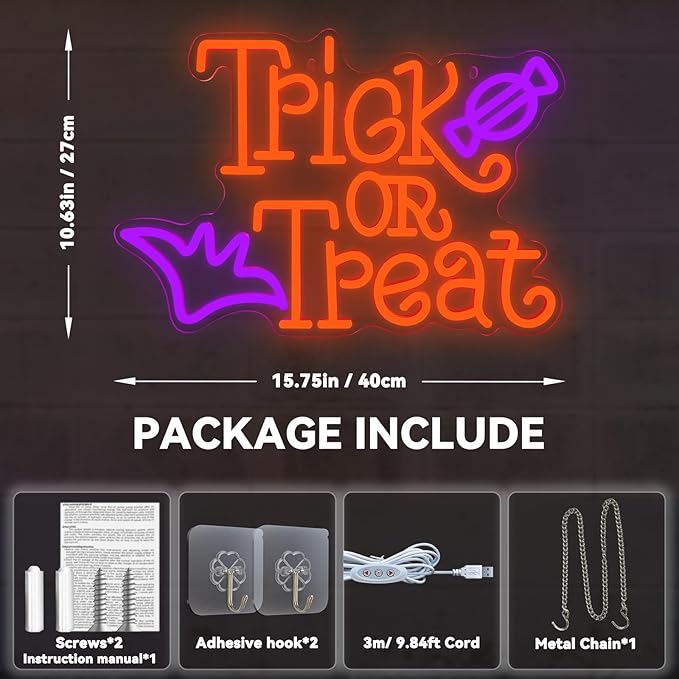 Trick or Treat Neon Sign for Wall Decor Dimmable LED Neon Halloween Light for Wall Decor, LED Halloween Light Up Sign Decor for Wall Bedroom Home Bar Halloween Party Decor Halloween Present for Trick or Treat Party Backdrop