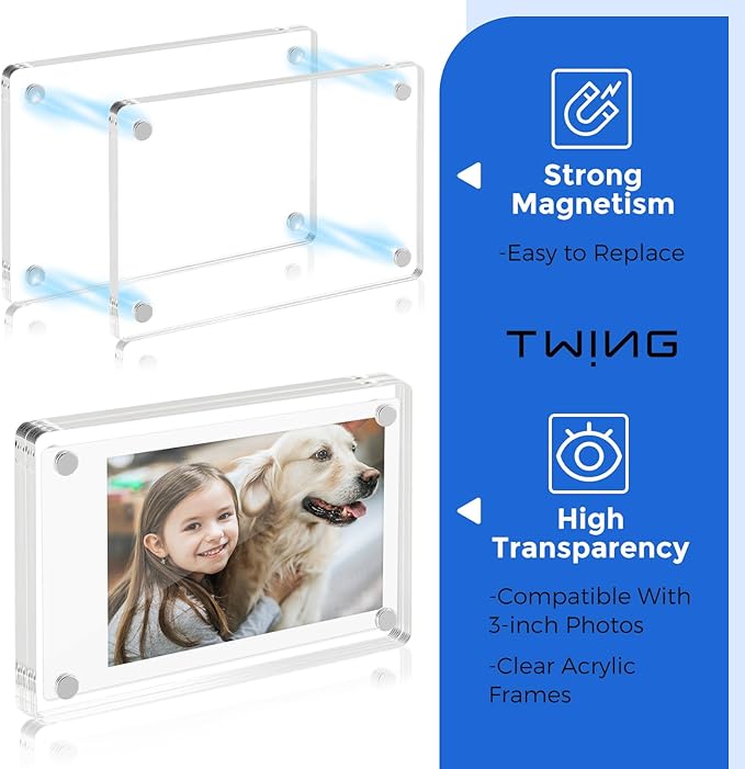 TWING Acrylic Fridge Magnetic Picture Frames 6 Pack, 2.4 x 3.5 In Magnet Photo Frames, Double Sided Photo Refrigerator Magnet Mini Frame for Fujifilm Instax, Polaroid Photos Holder with Cloth