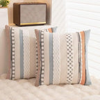 Boho Throw Pillow Covers 18x18 Set of 2 Farmhouse Decorative Cushion Case Striped Square Pillows Cover Chenille Pillow Cases Accent Neutral Pillowcase for Sofa Couch Bed,Orange-Blue
