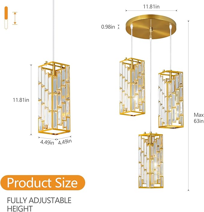 Gold Pendant Lighting Modern Pendant Light, Mini Crystal Chandeliers,Adjustable Pendant Light Fixture for Kitchen Island Dinning Room Bedroom (3 Light)