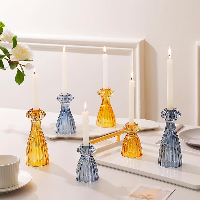 Lysenn Glass Candle Stick Holder Set of 6 – Premium Taper Candle Holders for Romantic Ambiance - Candle Sticks Holder Decor for Special Occasions - Amber
